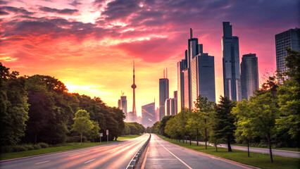 Dramatic city skyline with sunset hues and cinematic roadway
