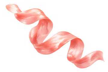 Pink satin ribbon flowing in a gentle wave, showing smooth texture and soft light reflections. Transparent background