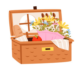 Open picnic basket filled with flowers, bread, apple, and utensils, creating a warm and inviting outdoor picnic vibe. Flat vector illustration.