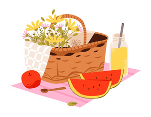 Summer Picnic Basket with Flowers, Fruit and Lemonade. Spring picnic and cozy outdoor weekend. Flat vector illustration.