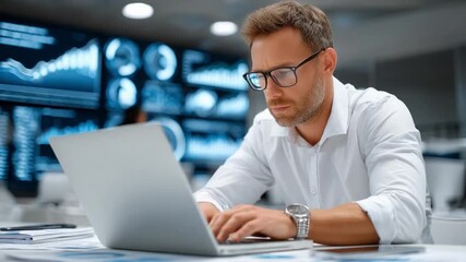 Data Analyst Hard at Work: A focused analyst with glasses meticulously examines data, typing on a laptop in a modern, technology-driven environment.