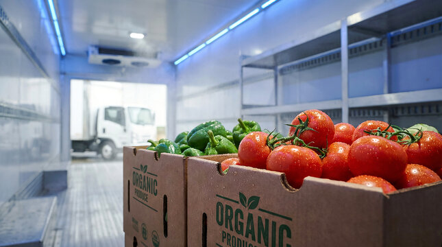 Food supply chain background. Close-up of organic produce crates in a reefer unit