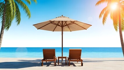 Serene beach scene with palm trees and seaside chairs