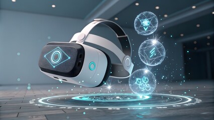 Vr headset floating above a digital platform, surrounded by glowing icons, symbolizing immersive virtual experiences and advanced technological interfaces