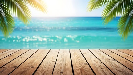 Serene beach scene with palm trees and wooden deck