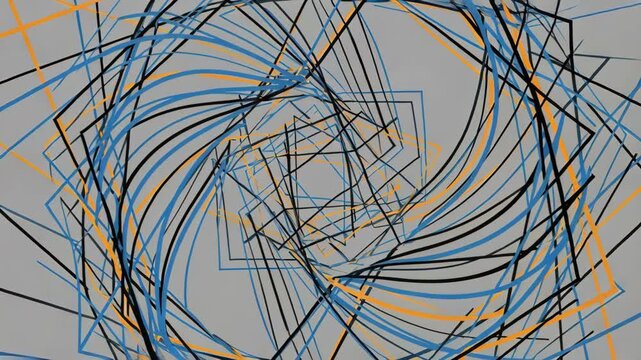 Abstract Swirling Geometric Pattern with Blue Black and Orange Lines on Gray Background Dynamic Motion