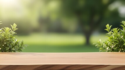 Serene outdoor scene with wooden table and lush greenery background