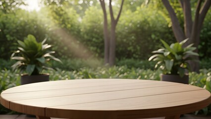 Serene outdoor setting with a wooden table and lush greenery