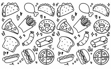 Seamless pattern background Food and ingredient kids hand drawing set illustration isolated on white background