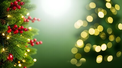 Christmas tree decorations with lights and berries on green background
