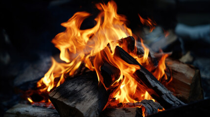 Abstrack fire flame background warm orange wood log detail closeup heat energy outdoors night