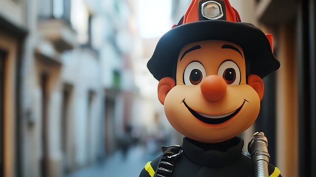 A cartoon puppet that imitates a firefighter doing his job