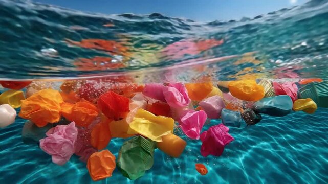 Submerged Colors: An artistic underwater perspective reveals a vibrant array of colorful objects floating beneath the surface, creating an abstract and visually captivating composition.