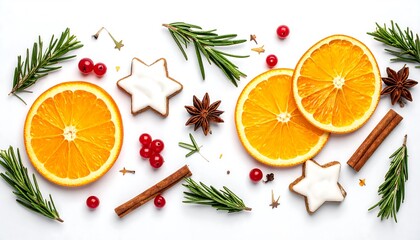 Festive Christmas composition with orange slices, spices, and greenery.