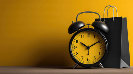 Promotional banner with alarm clock Black Friday and Cyber Monday text for gift card