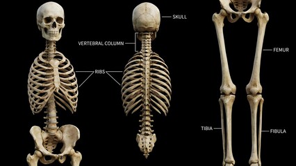 Detailed human skeleton anatomy with labeled bones on black background for medical education and research purposes effectively with healthcare