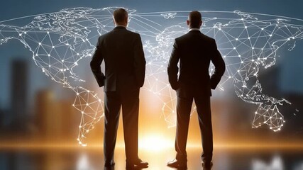 Global Visionaries: Two professional figures stand in contemplative poses, surveying a network of global connections that suggests business prowess, leadership, and innovative partnerships.
