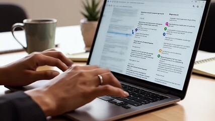 Focused professional working on a laptop in a modern office setting analyzing data and reports with concentration and determination for business success - Powered by Adobe