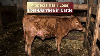 Brown cow with alopecia hair loss and post diarrhea symptoms standing in a barn with hay on the ground and wooden fencing around it with cattle