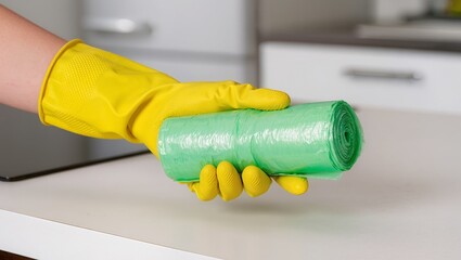 Hand in a bright yellow rubber glove holding a roll of green trash bags on a light kitchen surface, symbolizing kitchen cleaning, waste disposal, and everyday household hygiene