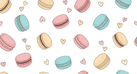 Seamless vector pattern featuring colorful french macarons and small pastel hearts on a clean white backdrop for bakery branding.