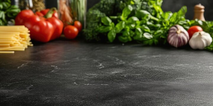 Photo of a table with fresh vegetables and pasta on it, ready for cooking. Web banner with copy space on the right