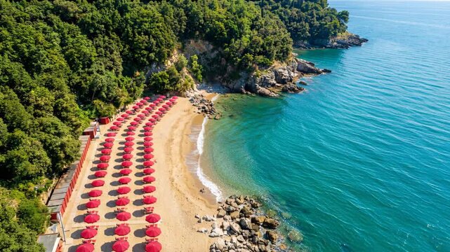 Aerial View Of A Secluded Tropical Beach With Rows Of Red Umbrellas And Turquoise Water Surrounded By Lush Green Forest On A Sunny Day