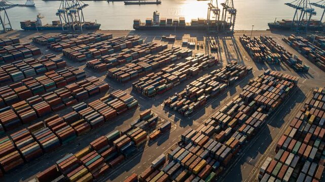 Aerial View of a Vast Shipping Container Yard at Golden Hour With Cranes and Ships in the Background