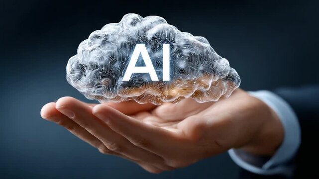 AI Conceptualization: A person gently cradles a futuristic, glowing brain, emblazoned with the letters AI, suggesting the power of Artificial Intelligence in the palm of human hands.
