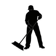 silhouette of a janitor sweeping against a white background