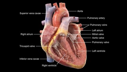 Detailed human heart anatomy with labeled parts including aorta, pulmonary artery, and chambers on black background for medical education and healthcare concepts