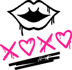 XOXO hand written phrase and lipstick kiss. Grunge graffiti kiss lips. Graffiti XOXO sign. Kiss sign.