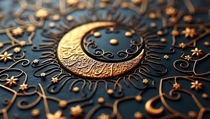 Intricate golden crescent moon and star ornaments on a dark, textured surface, celebrating ramadan