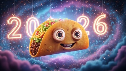 A smiling taco with big eyes is flying in space with neon lights displaying the year 2026