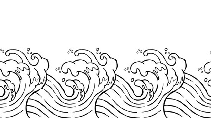 Hand drawn Doodle Sea Wave Banner, Border, Pattern, Background.