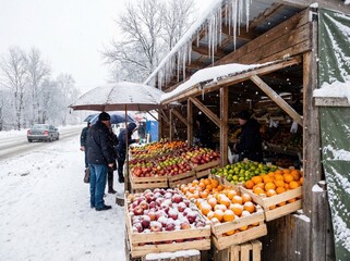 People buying fresh fruit at an outdoor roadside market on a snowy winter day.