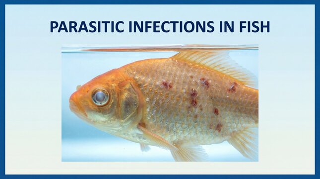Fish with parasitic infections, diseased goldfish with red spots in aquarium water, close up view of unhealthy fish with diseased fish and fish health