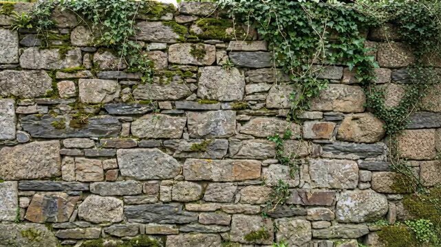 Aged Stone Wall Texture With Green Ivy Vines And Moss Natural Outdoor Ancient Building Facade Detailed Close Up With Rough Stones And
