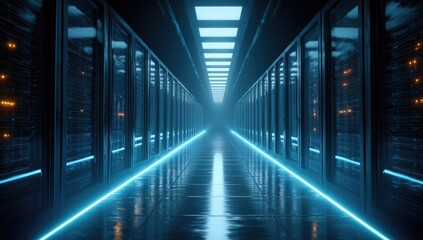 Fototapeta premium Futuristic server room with glowing blue lights and reflections. Perspective down a long corridor