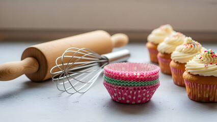 Cupcake decorating scene with whisk and piping bags — fresh bakes and baking tools