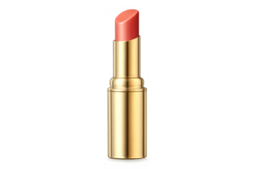 Coral lipstick in a golden tube promoting beauty, makeup, and cosmetic concepts. Shiny product packaging on transparent background