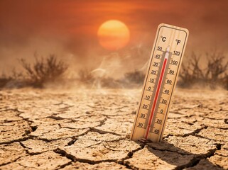 Thermometer showing extreme high temperature in a dry, cracked, arid landscape during a heatwave.