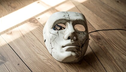 Cracked Mask on Wooden Floor - A Study in Decay.