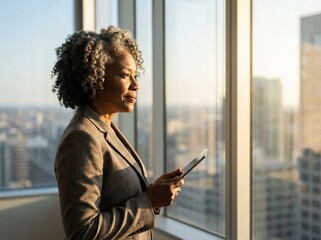 Successful mature businesswoman holding a tablet and looking out over the city.