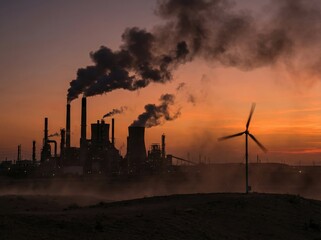 Industrial factory pollution contrasted with clean renewable wind turbine energy at sunset.