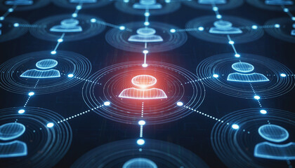 Digital Network Connections: Illuminating the core of a modern digital network. This dynamic, eye-level shot captures a vibrant network of interconnected nodes.