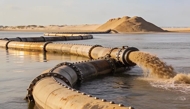Submerged pipeline system for material transfer in sandy waterfront environment pipeline submerged, sand.