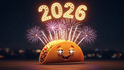 A smiling taco celebrates the 2026 New Year with fireworks at night