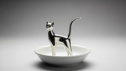 Polished Silver Cat Figurine in a White Ceramic Dish sculpture metal