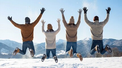 Group of happy friends jumping for joy in the snow on a winter mountain vacation.